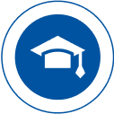 Graduation cap icon on blue circle.